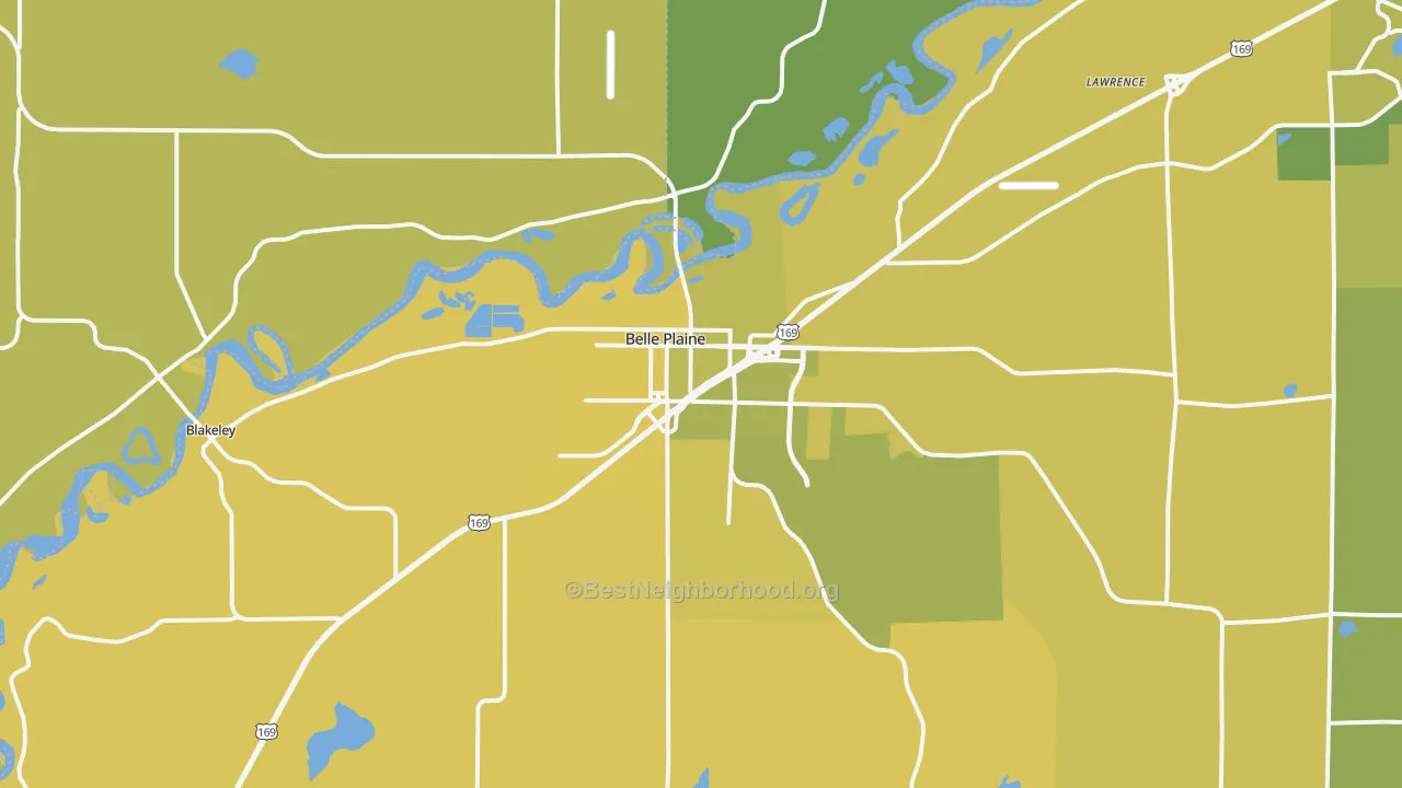Map of the best neighborhoods in the Belle Plaine area, with better matches in green and worse matches in red