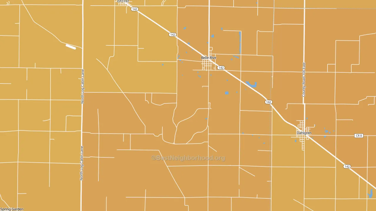 Map of the best neighborhoods in the Belle Rive area, with better matches in green and worse matches in red