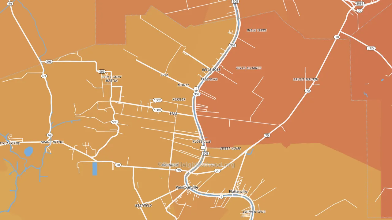 Map of the best neighborhoods in the Belle Rose area, with better matches in green and worse matches in red