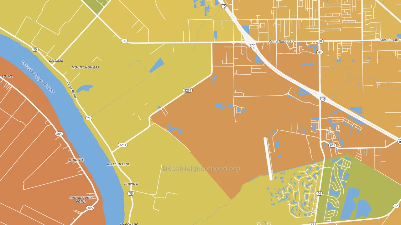 Map of the best neighborhoods in the Belle Terre area, with better matches in green and worse matches in red