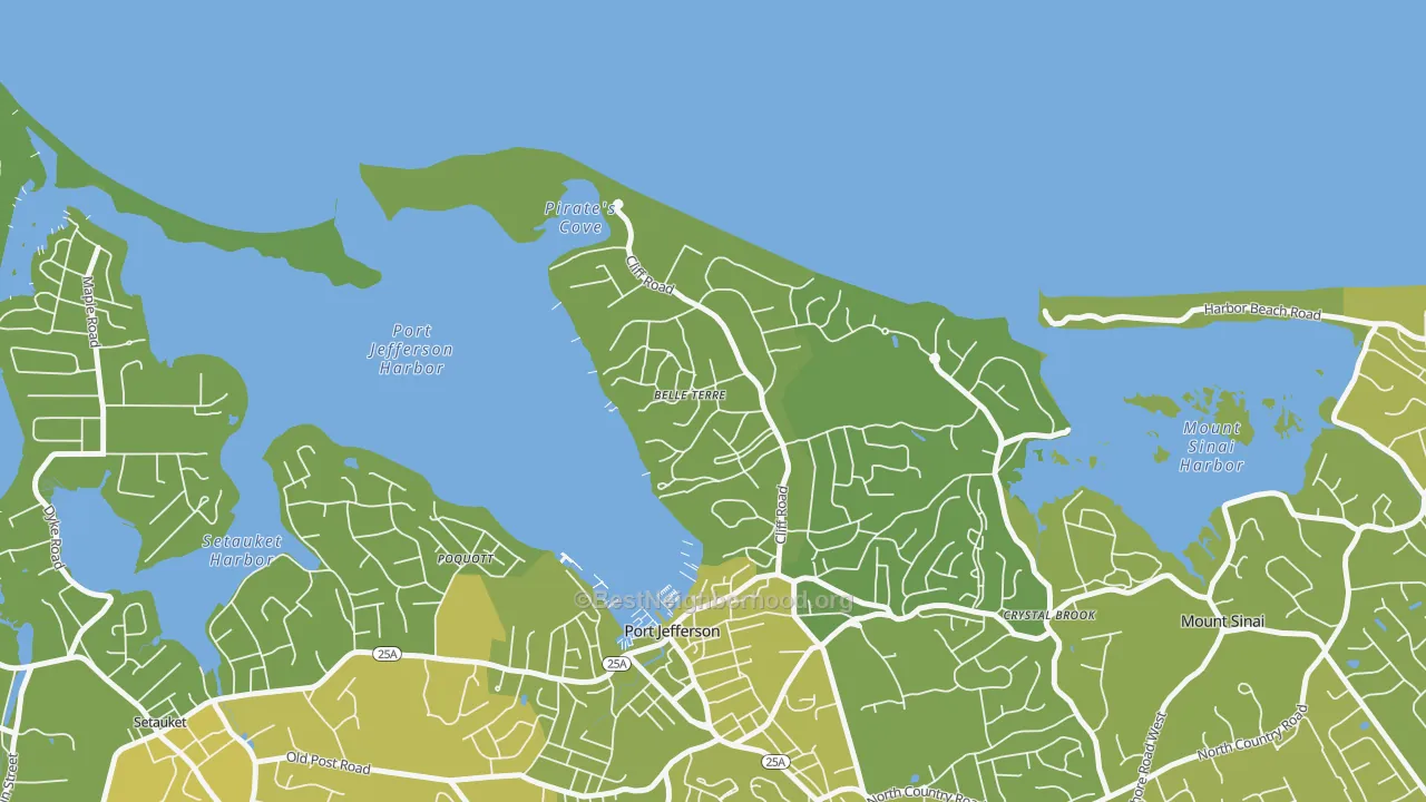 Map of the best neighborhoods in the Belle Terre area, with better matches in green and worse matches in red