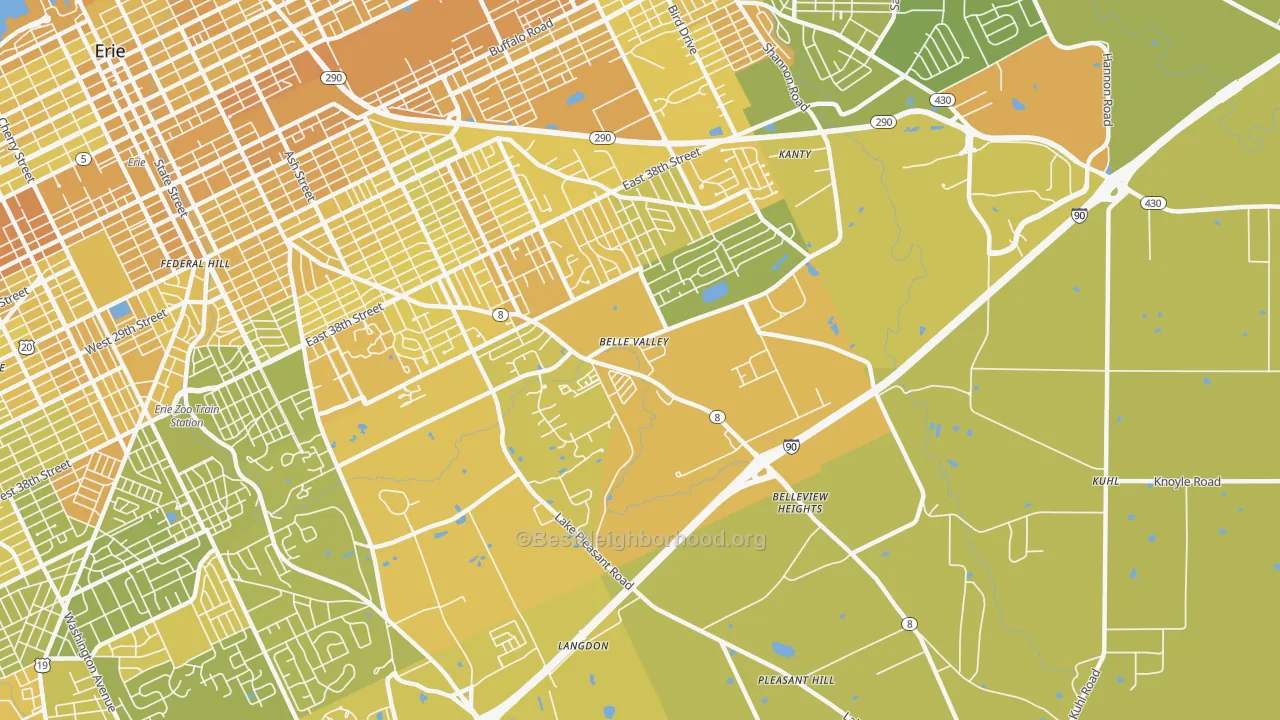 Map of the best neighborhoods in the Belle Valley, Erie area, with better matches in green and worse matches in red
