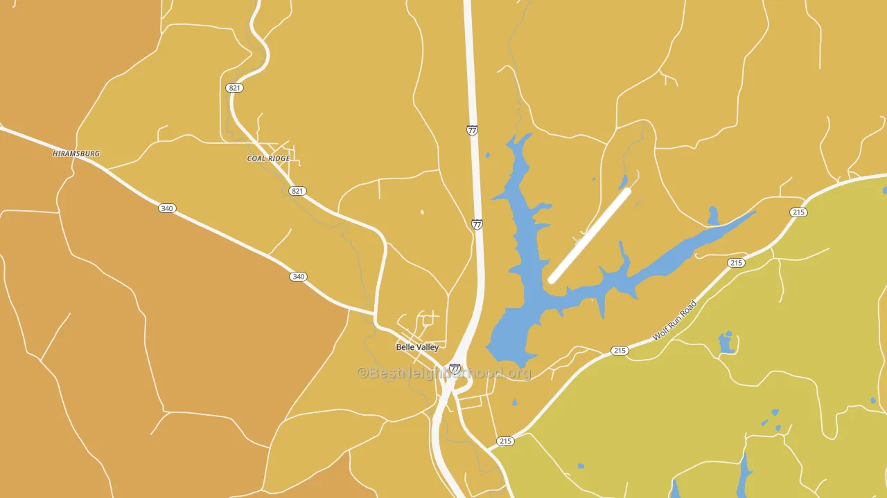 Map of the best neighborhoods in the Belle Valley area, with better matches in green and worse matches in red