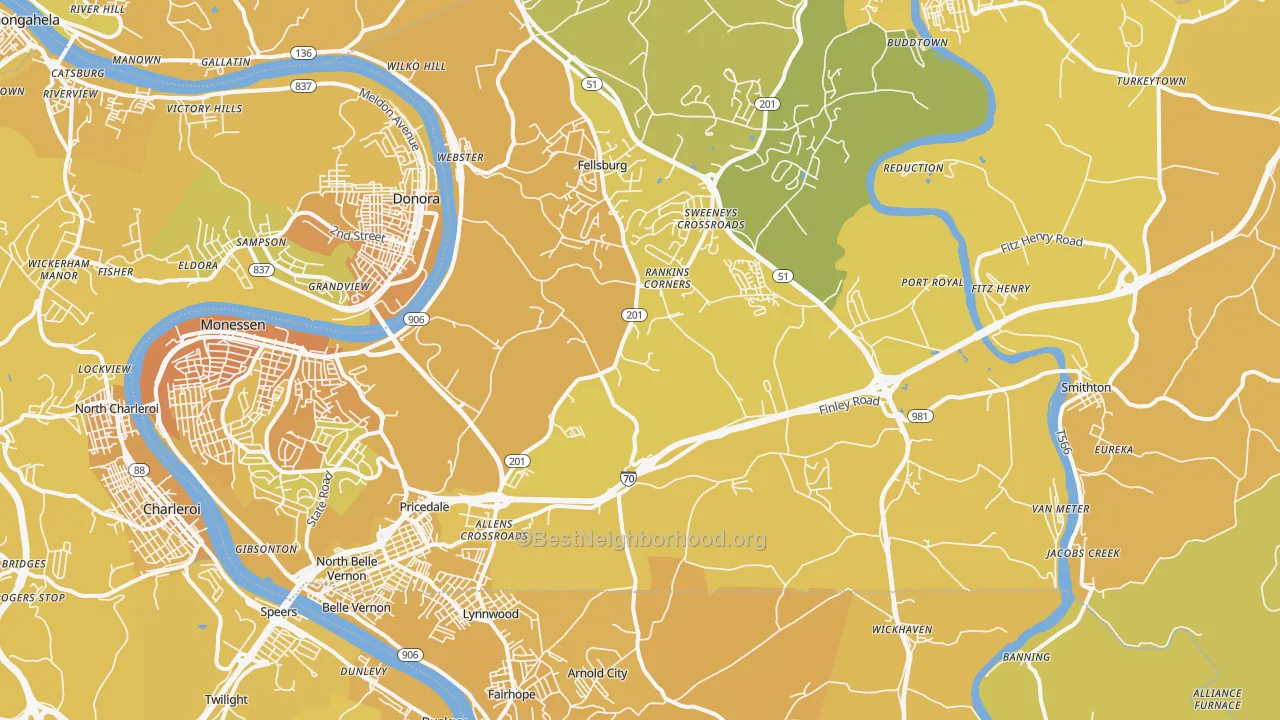 Map of the best neighborhoods in the Belle Vernon area, with better matches in green and worse matches in red