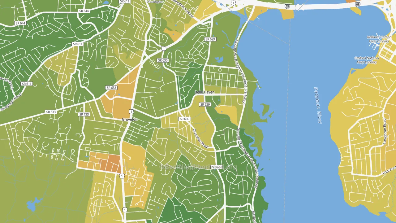 Map of the best neighborhoods in the Belle View area, with better matches in green and worse matches in red