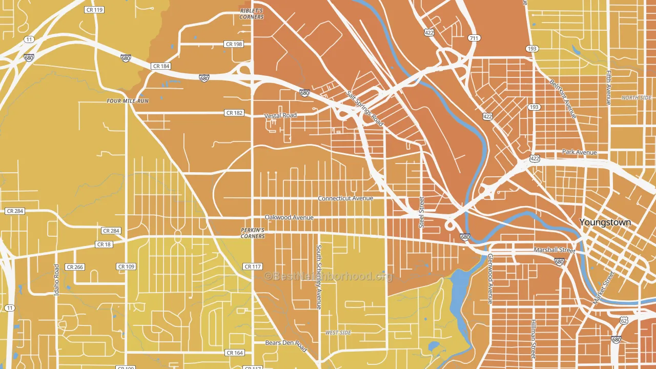 Map of the best neighborhoods in the Belle Vista, Youngstown area, with better matches in green and worse matches in red