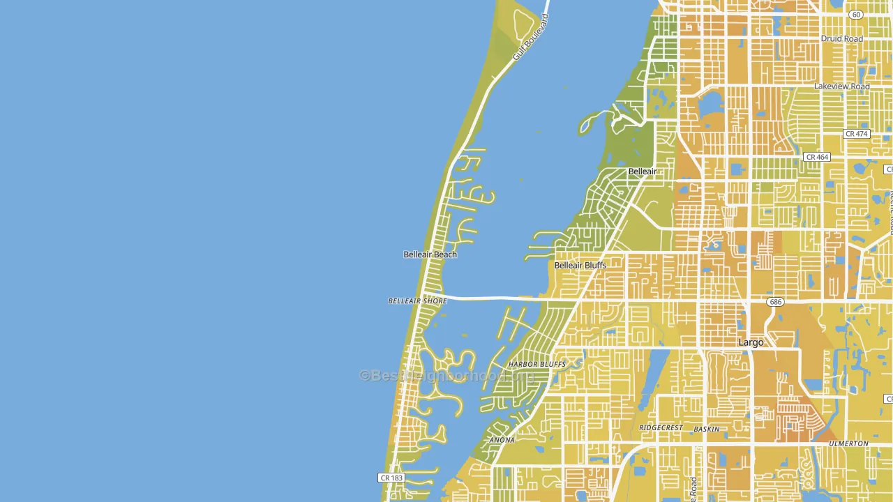 Map of the best neighborhoods in the Belleair Beach area, with better matches in green and worse matches in red