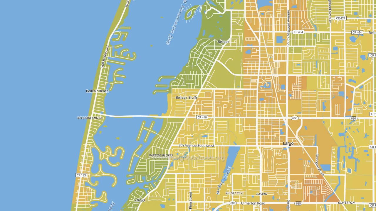 Map of the best neighborhoods in the Belleair Bluffs area, with better matches in green and worse matches in red
