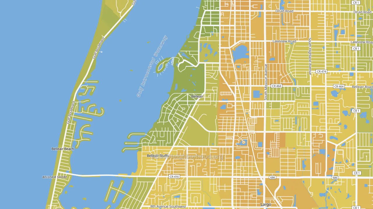 Map of the best neighborhoods in the Belleair area, with better matches in green and worse matches in red