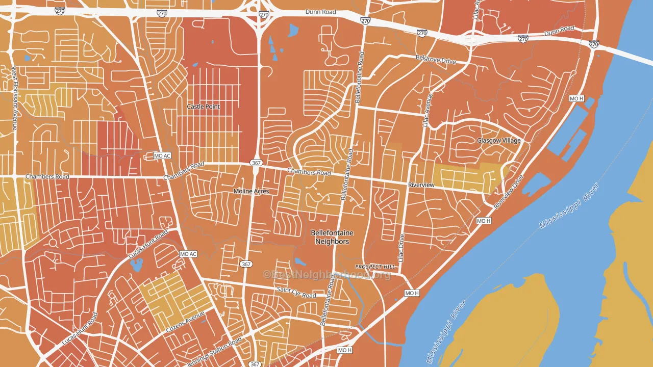 Map of the best neighborhoods in the Bellefontaine Neighbors area, with better matches in green and worse matches in red