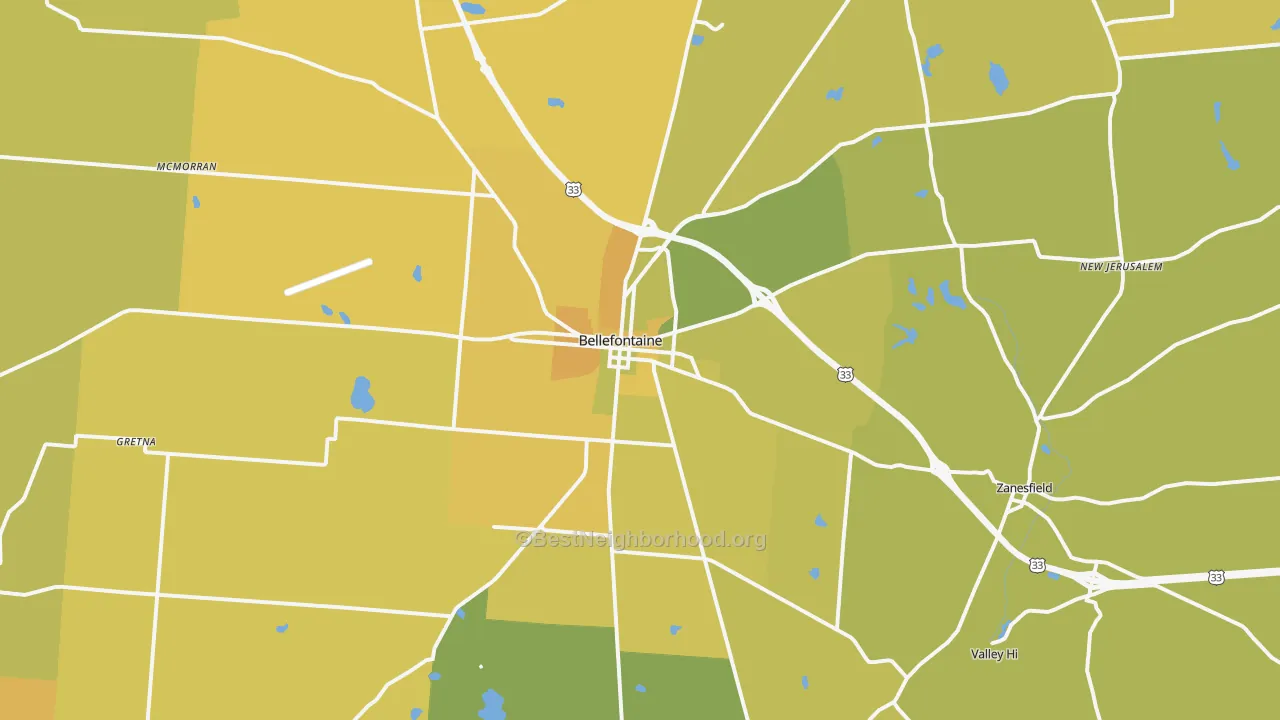 Map of the best neighborhoods in the Bellefontaine area, with better matches in green and worse matches in red