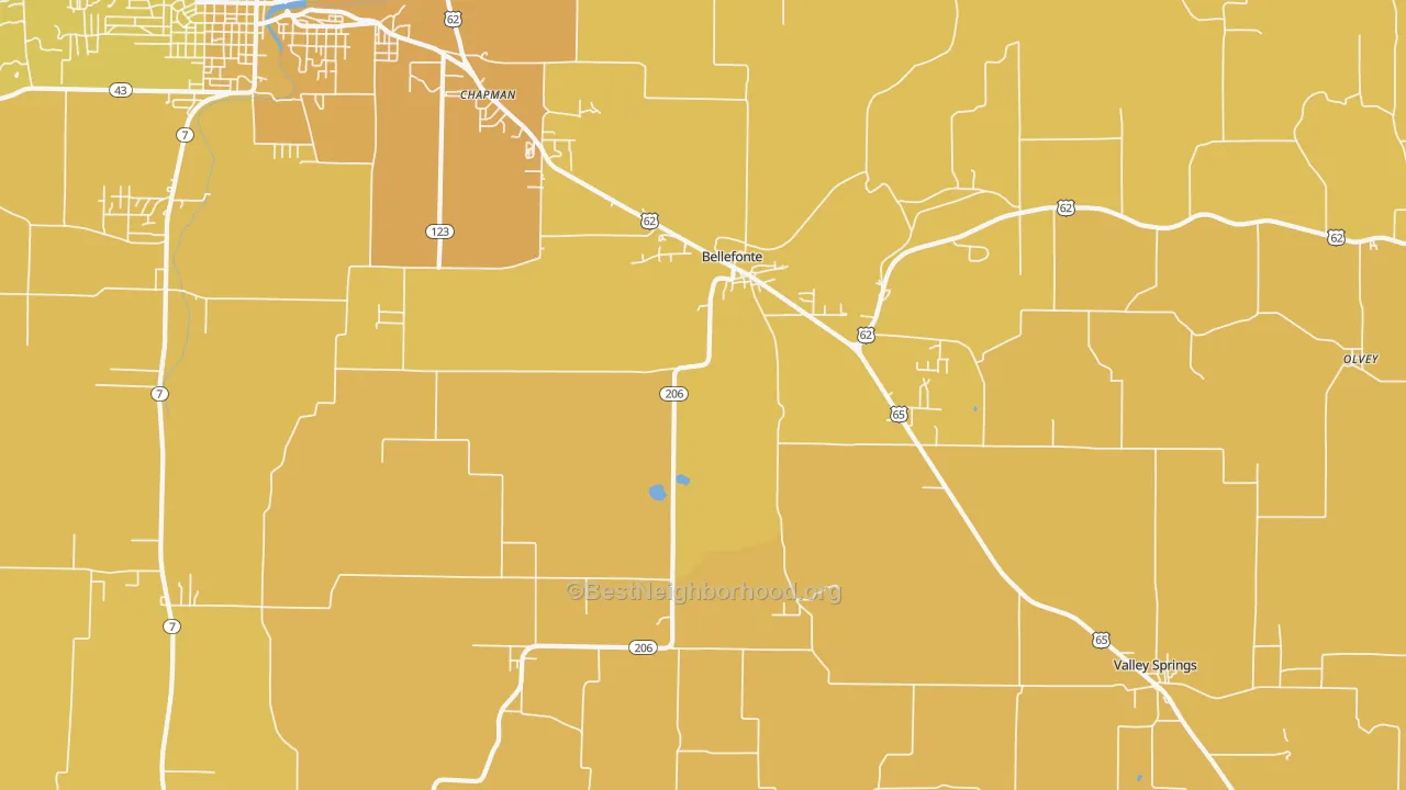 Map of the best neighborhoods in the Bellefonte area, with better matches in green and worse matches in red