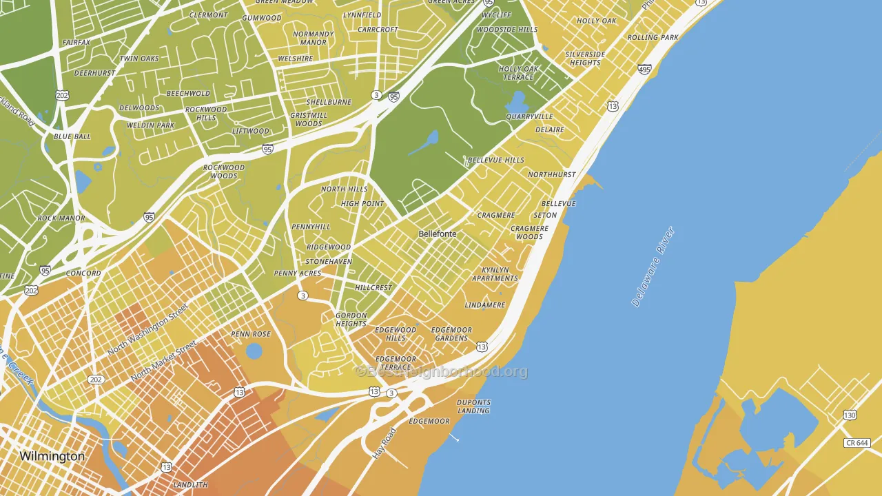 Map of the best neighborhoods in the Bellefonte area, with better matches in green and worse matches in red