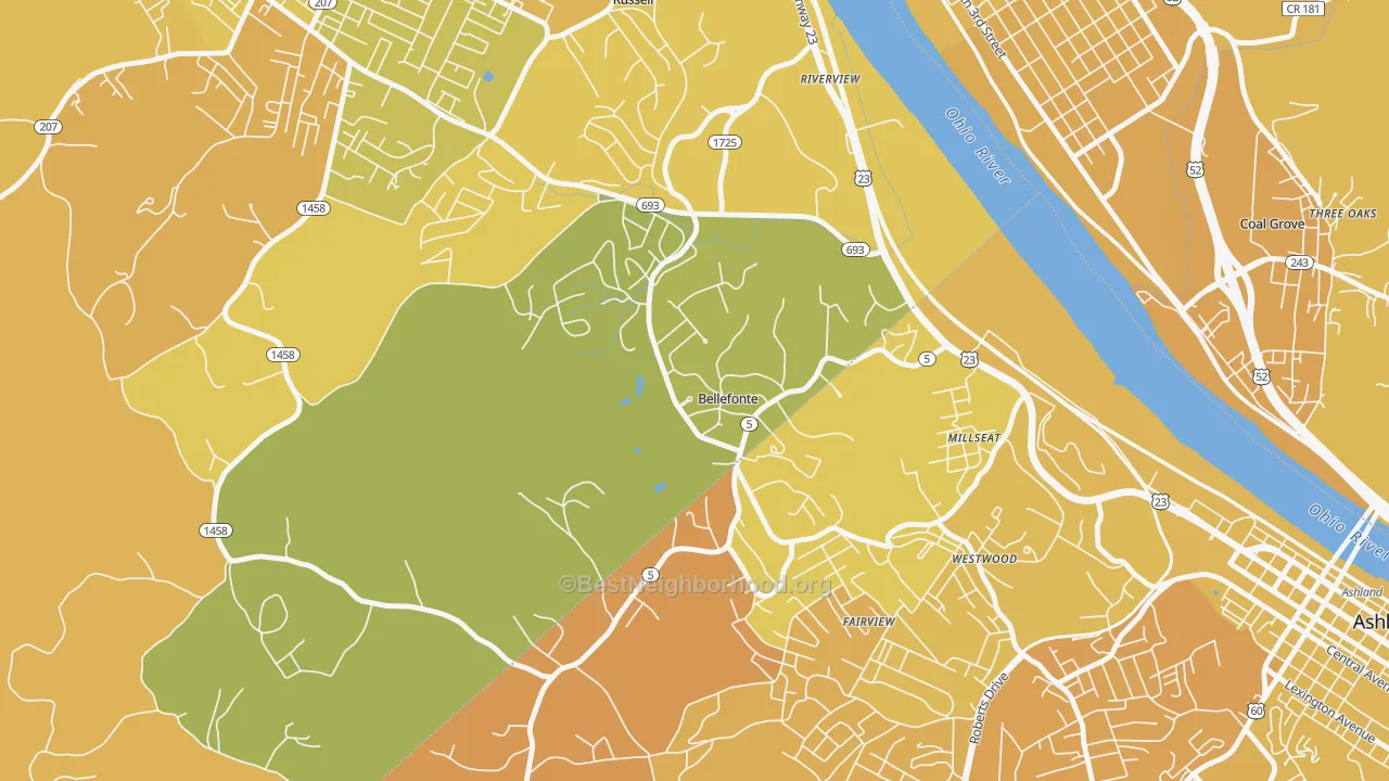 Map of the best neighborhoods in the Bellefonte area, with better matches in green and worse matches in red
