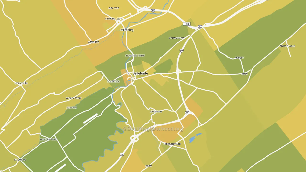Map of the best neighborhoods in the Bellefonte area, with better matches in green and worse matches in red