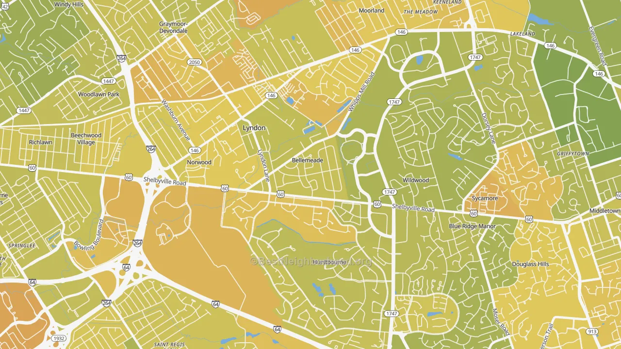 Map of the best neighborhoods in the Bellemeade area, with better matches in green and worse matches in red