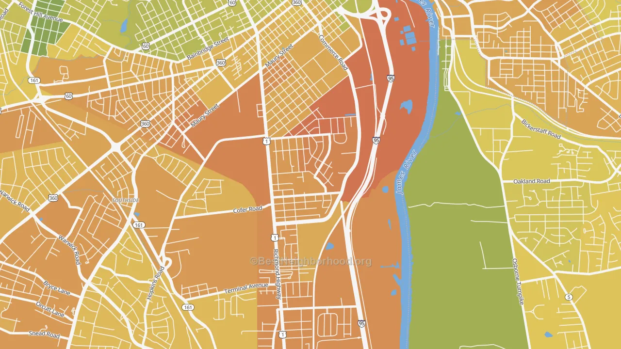 Map of the best neighborhoods in the Bellemeade, Richmond area, with better matches in green and worse matches in red