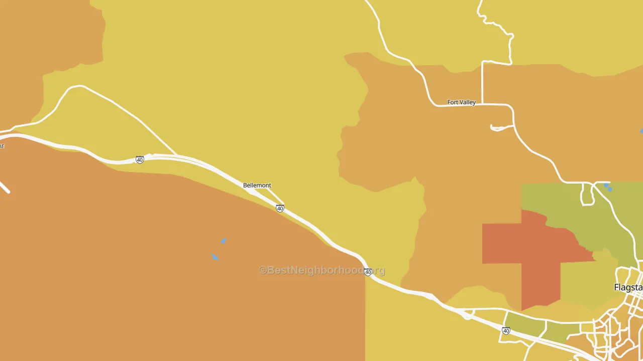 Map of the best neighborhoods in the Bellemont area, with better matches in green and worse matches in red