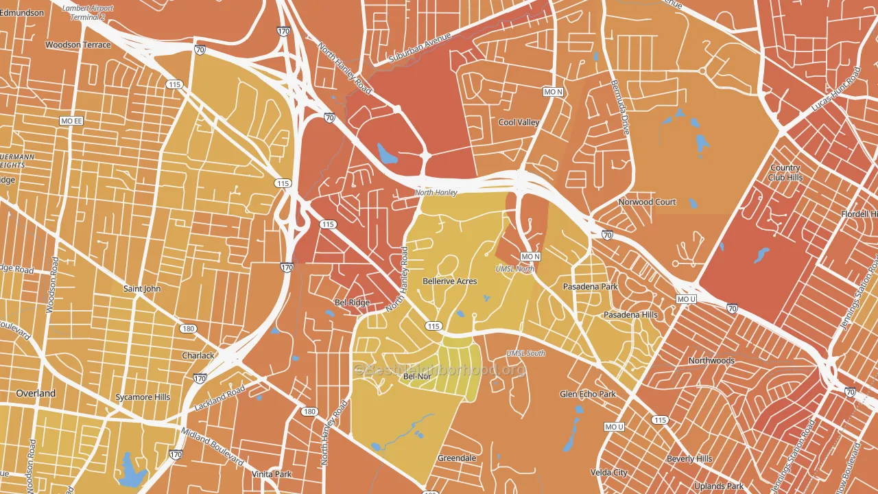Map of the best neighborhoods in the Bellerive area, with better matches in green and worse matches in red