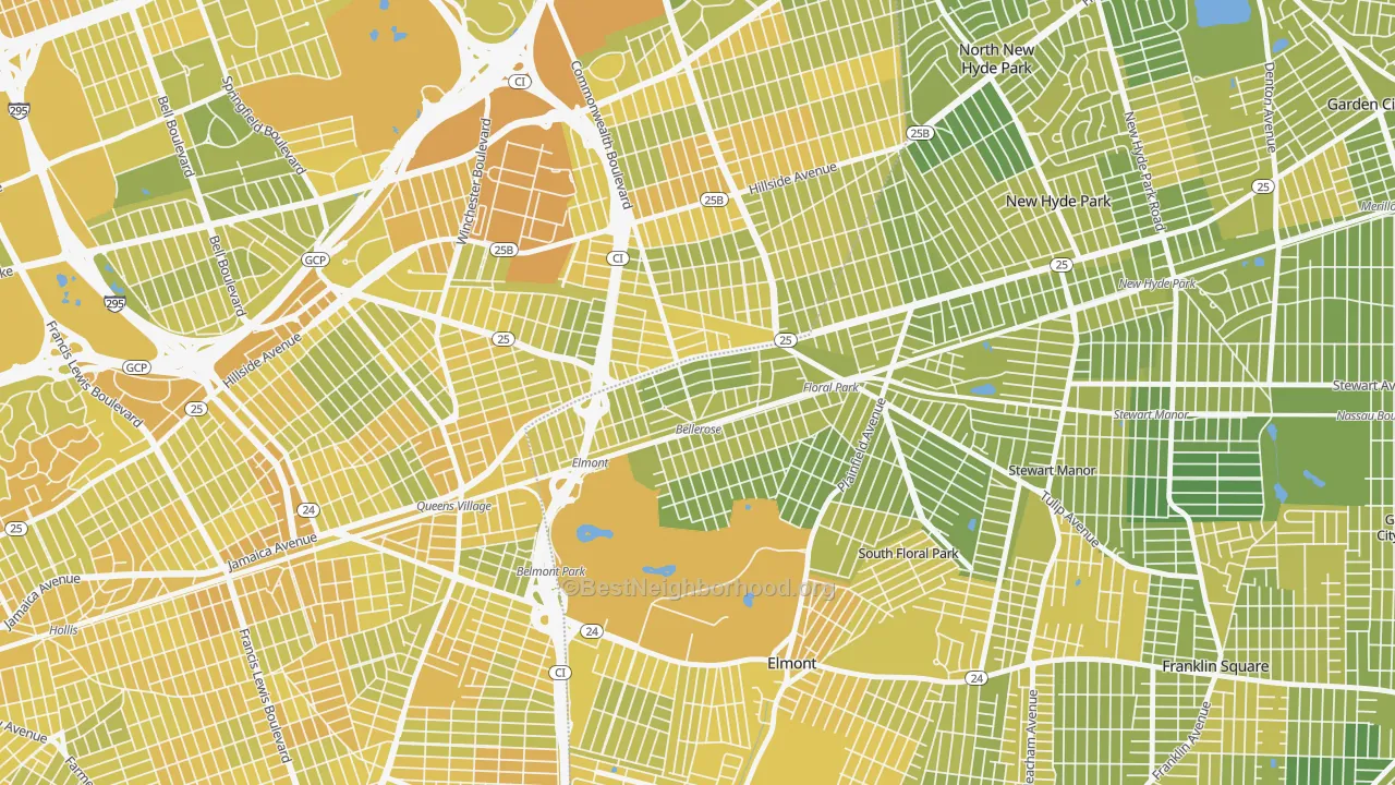 Map of the best neighborhoods in the Bellerose area, with better matches in green and worse matches in red