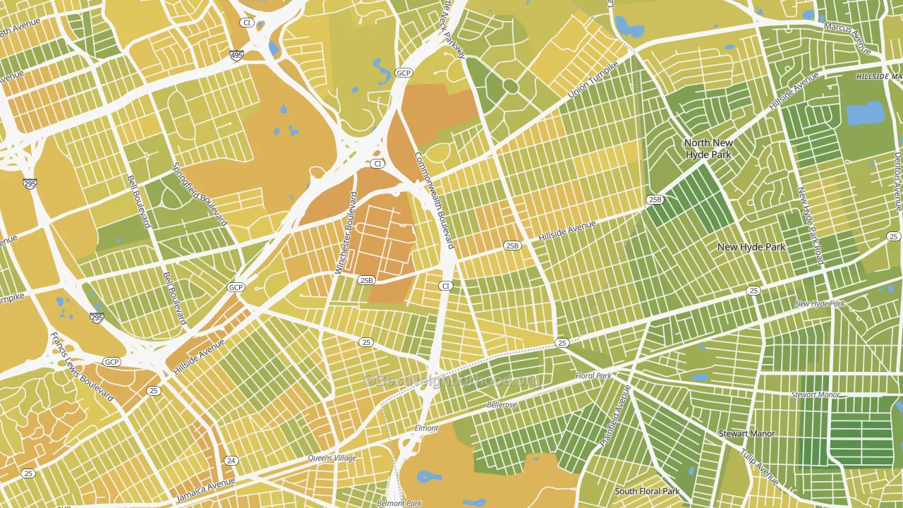 Map of the best neighborhoods in the Bellerose, Queens area, with better matches in green and worse matches in red