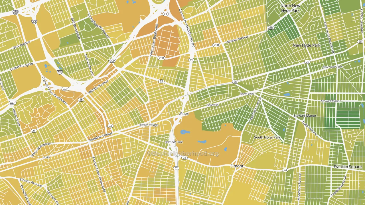 Map of the best neighborhoods in the Bellerose Terrace area, with better matches in green and worse matches in red