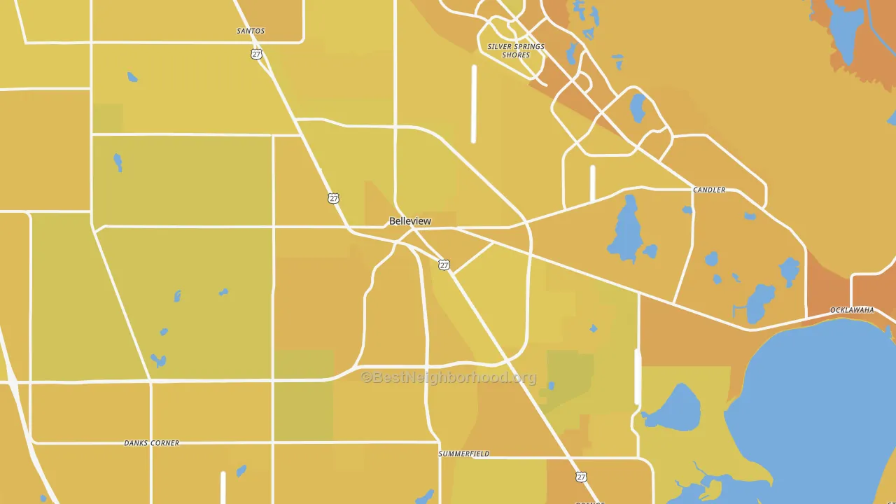 Map of the best neighborhoods in the Belleview area, with better matches in green and worse matches in red