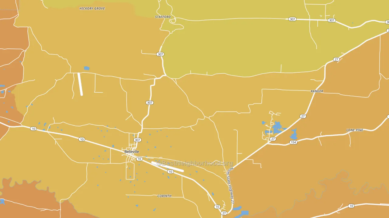 Map of the best neighborhoods in the Belleville area, with better matches in green and worse matches in red