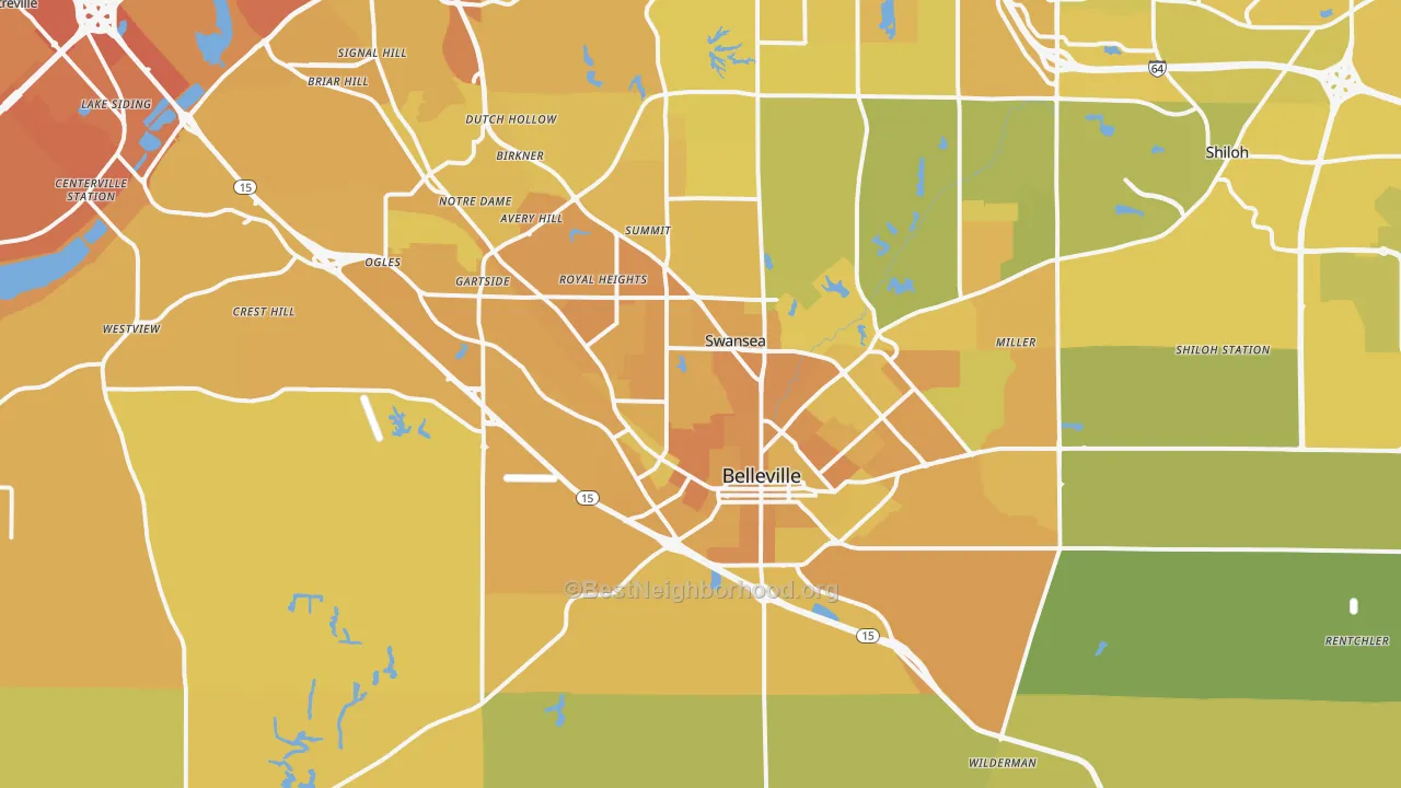 Map of the best neighborhoods in the Belleville area, with better matches in green and worse matches in red