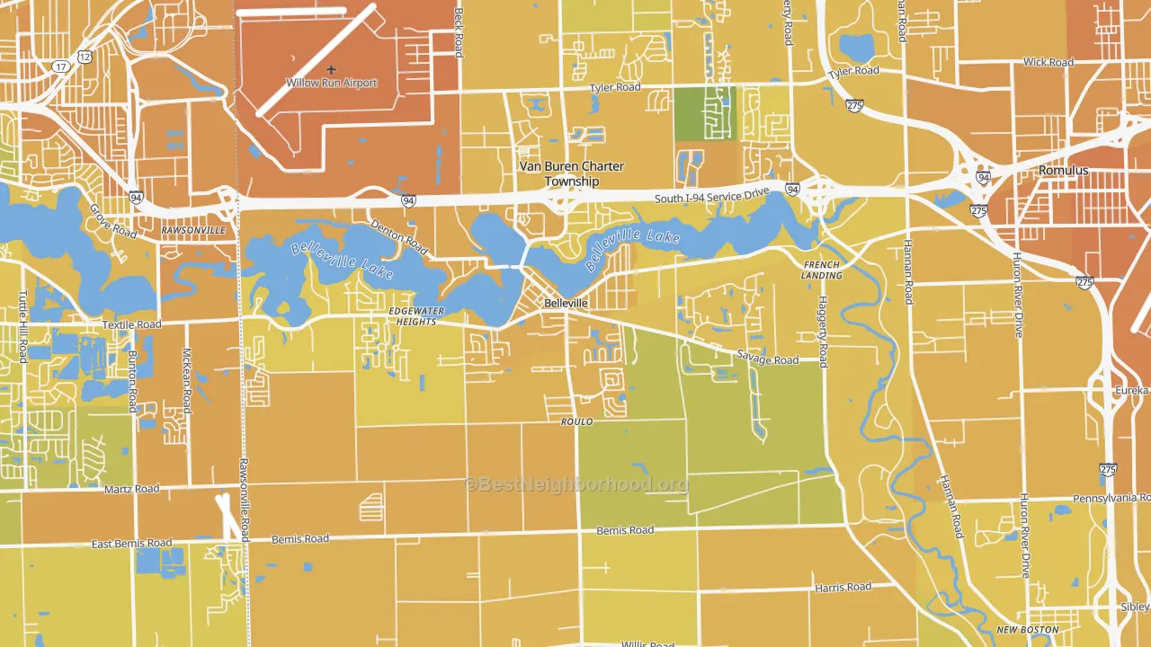 Map of the best neighborhoods in the Belleville area, with better matches in green and worse matches in red