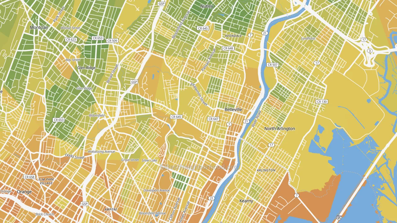 Map of the best neighborhoods in the Belleville area, with better matches in green and worse matches in red