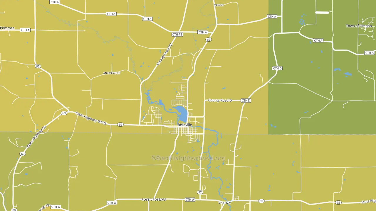 Map of the best neighborhoods in the Belleville area, with better matches in green and worse matches in red