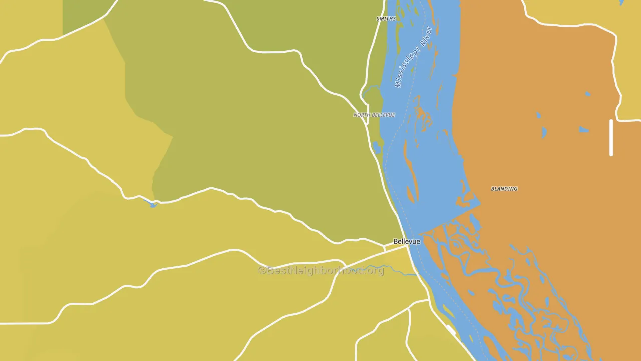 Map of the best neighborhoods in the Bellevue area, with better matches in green and worse matches in red