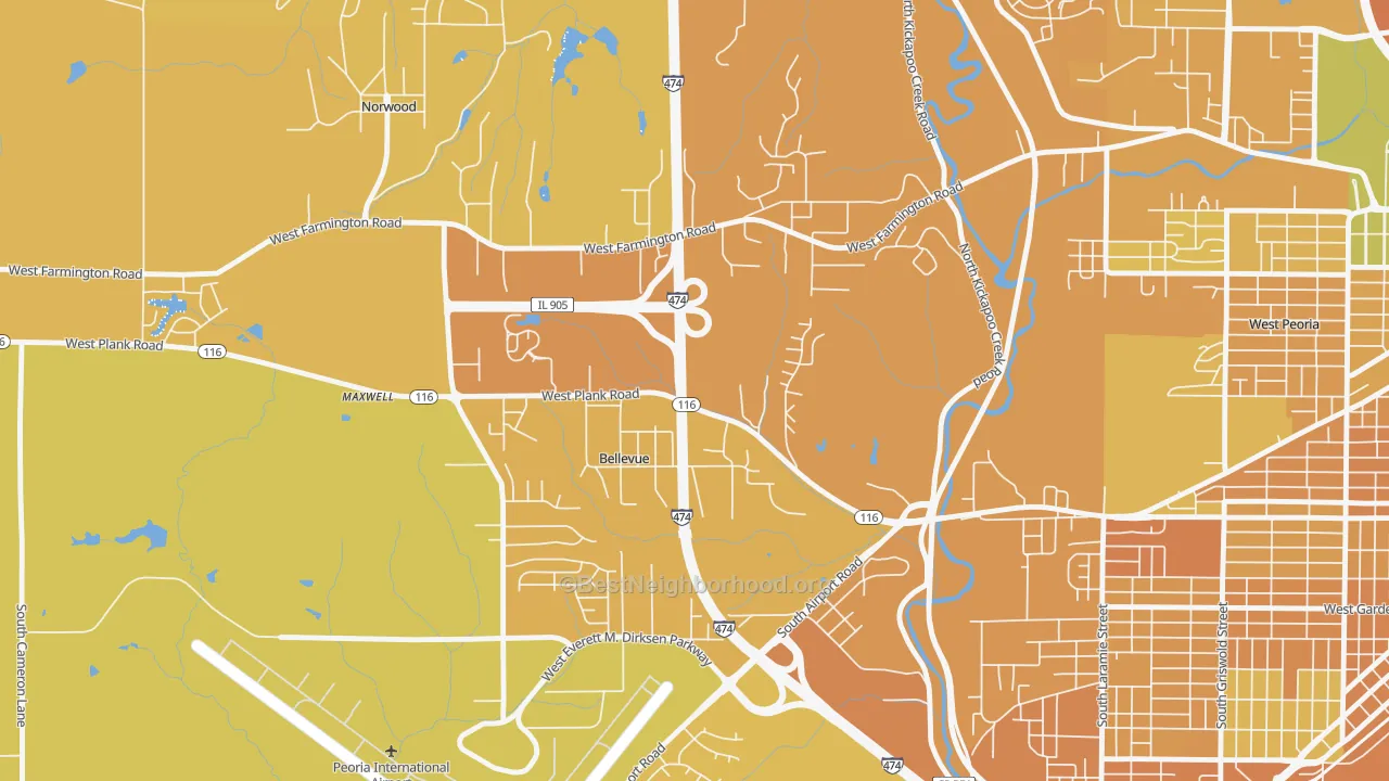 Map of the best neighborhoods in the Bellevue area, with better matches in green and worse matches in red