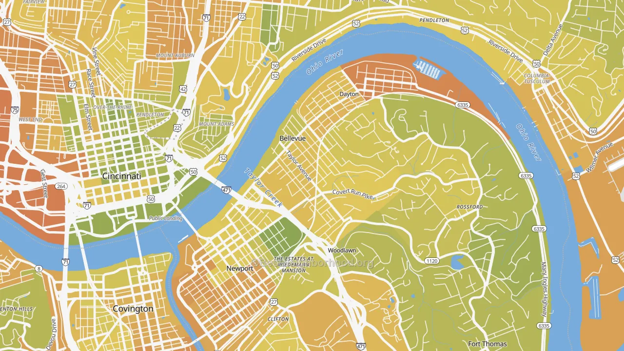 Map of the best neighborhoods in the Bellevue area, with better matches in green and worse matches in red
