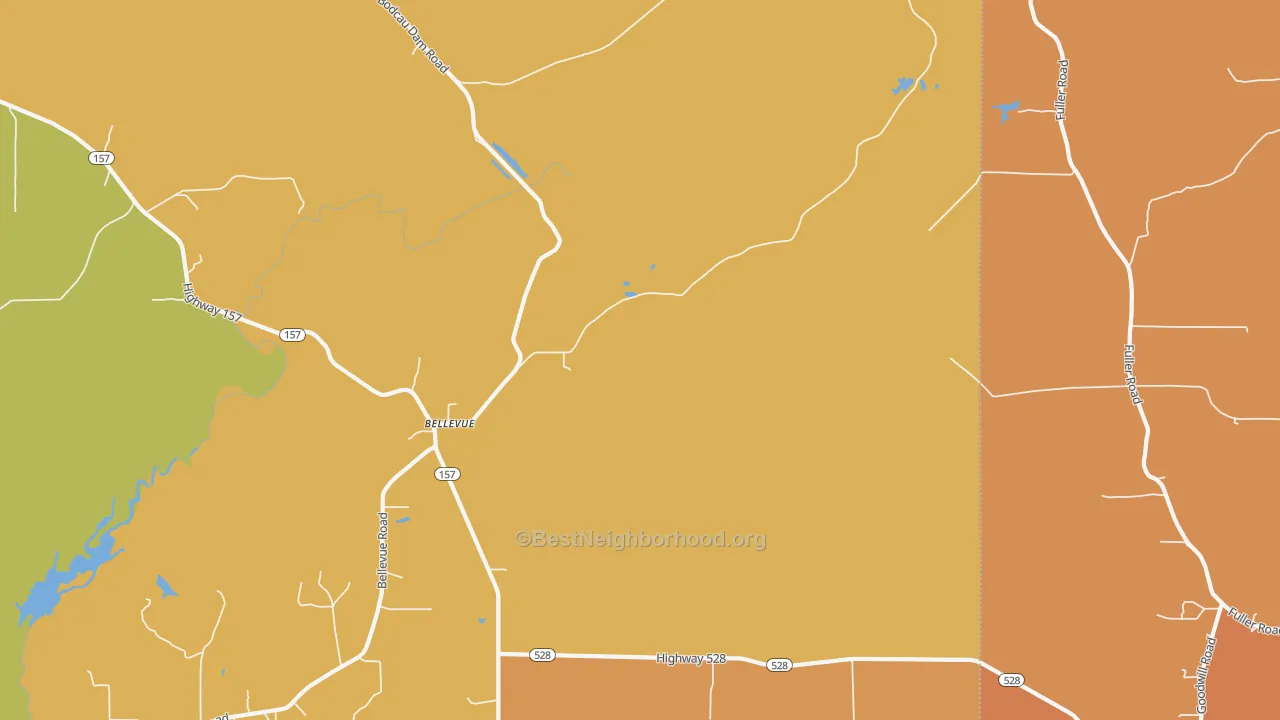 Map of the best neighborhoods in the Bellevue area, with better matches in green and worse matches in red