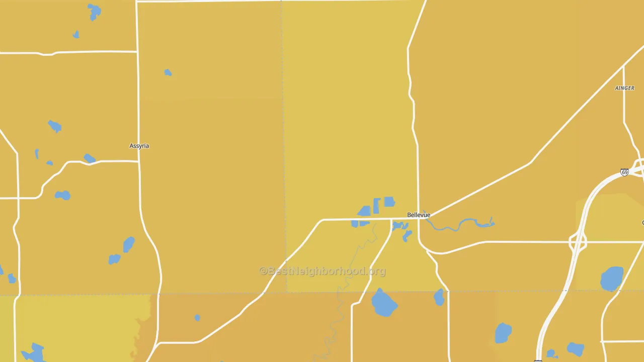 Map of the best neighborhoods in the Bellevue area, with better matches in green and worse matches in red
