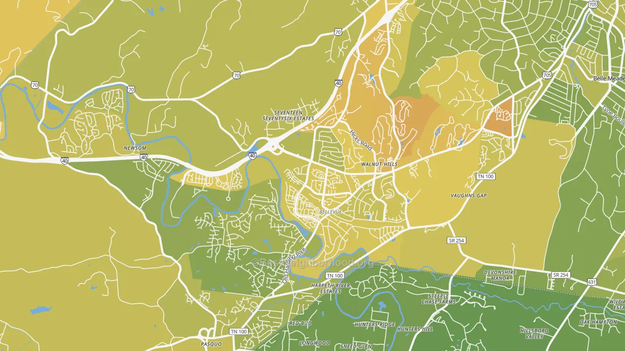 Map of the best neighborhoods in the Bellevue, Nashville area, with better matches in green and worse matches in red