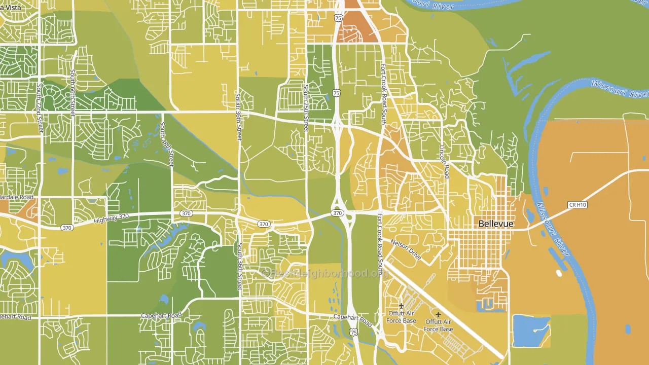 Map of the best neighborhoods in the Bellevue area, with better matches in green and worse matches in red