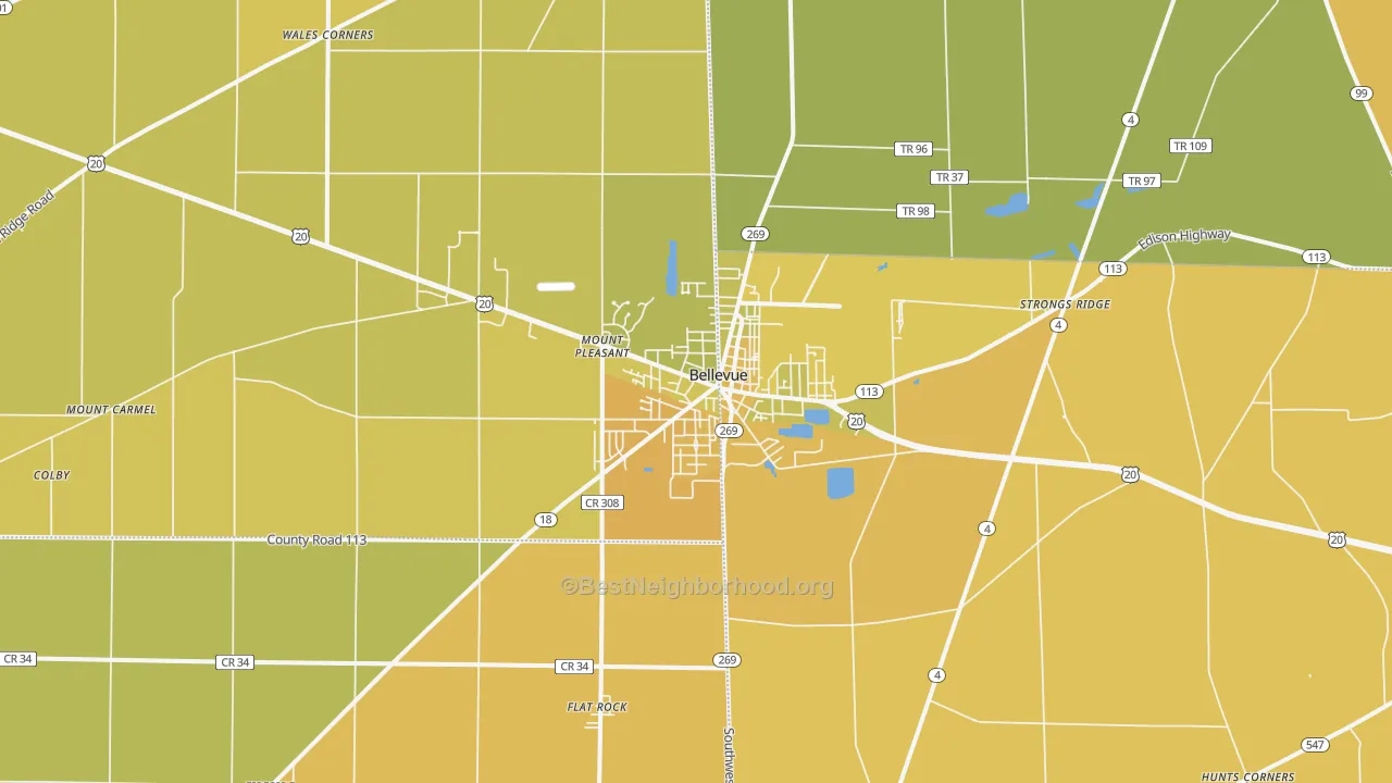 Map of the best neighborhoods in the Bellevue area, with better matches in green and worse matches in red