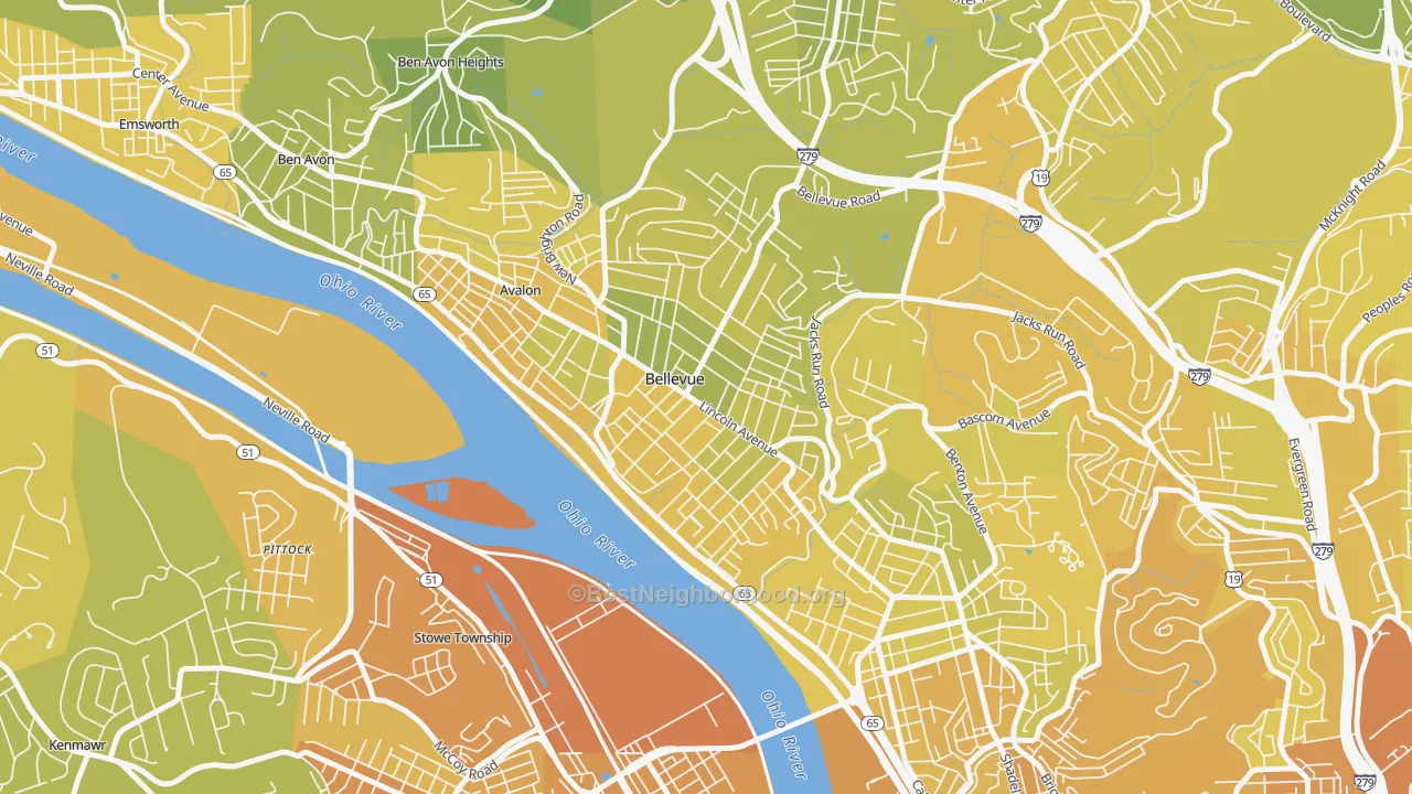 Map of the best neighborhoods in the Bellevue area, with better matches in green and worse matches in red