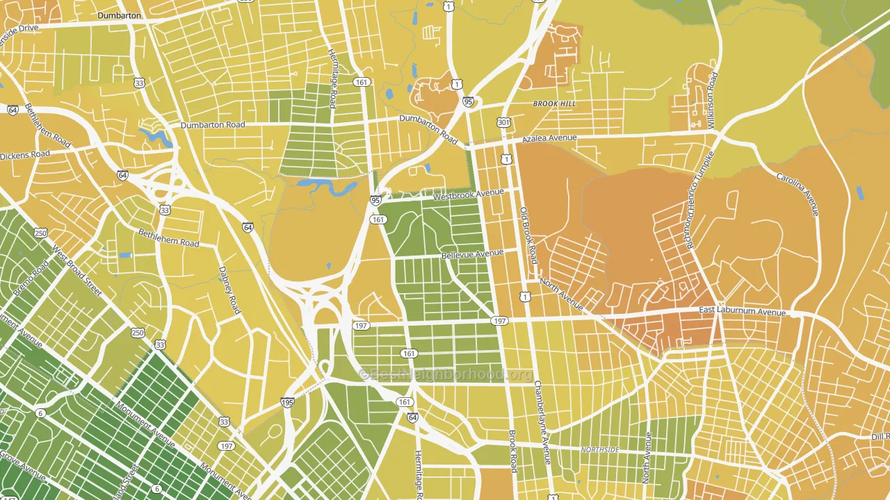 Map of the best neighborhoods in the Bellevue, Richmond area, with better matches in green and worse matches in red
