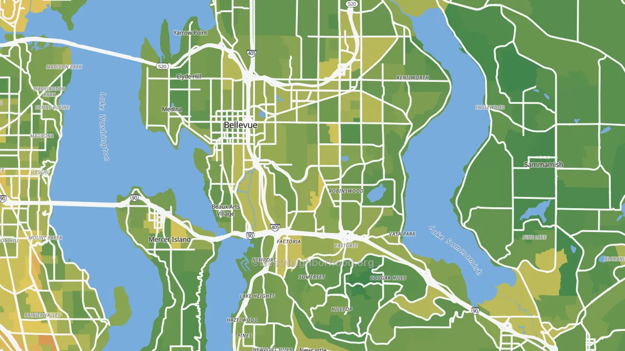 Map of the best neighborhoods in the Bellevue area, with better matches in green and worse matches in red