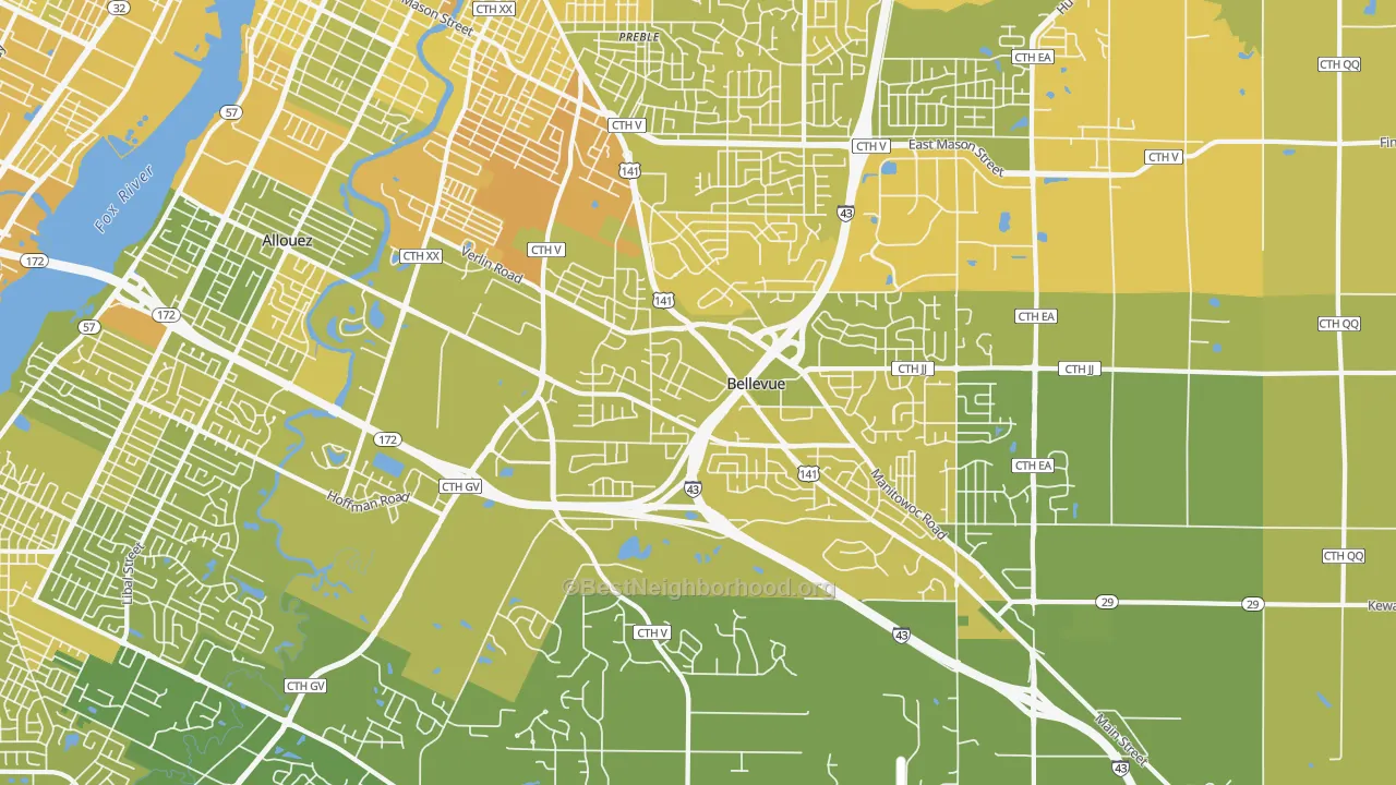 Map of the best neighborhoods in the Bellevue area, with better matches in green and worse matches in red