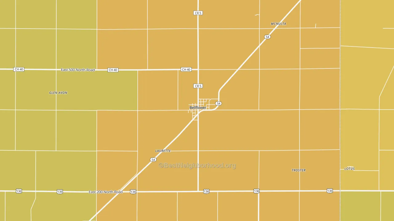 Map of the best neighborhoods in the Bellflower area, with better matches in green and worse matches in red