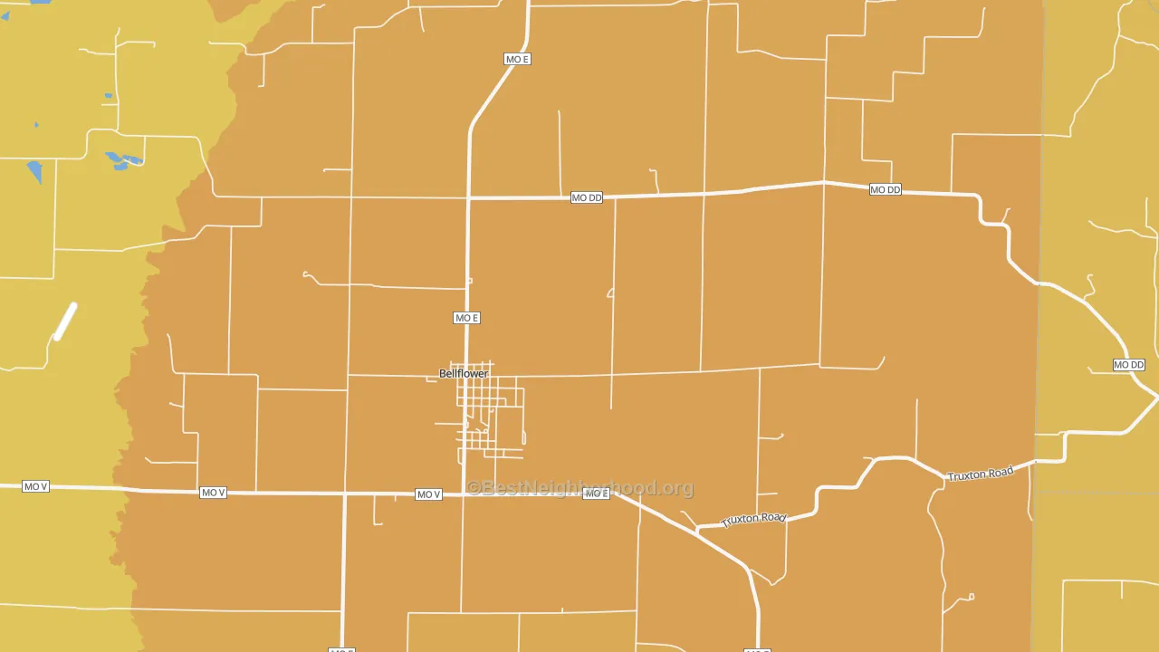Map of the best neighborhoods in the Bellflower area, with better matches in green and worse matches in red