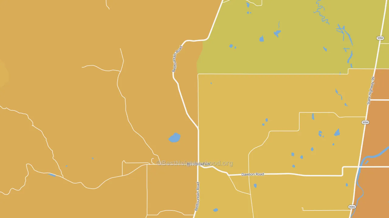 Map of the best neighborhoods in the Bellfountain area, with better matches in green and worse matches in red
