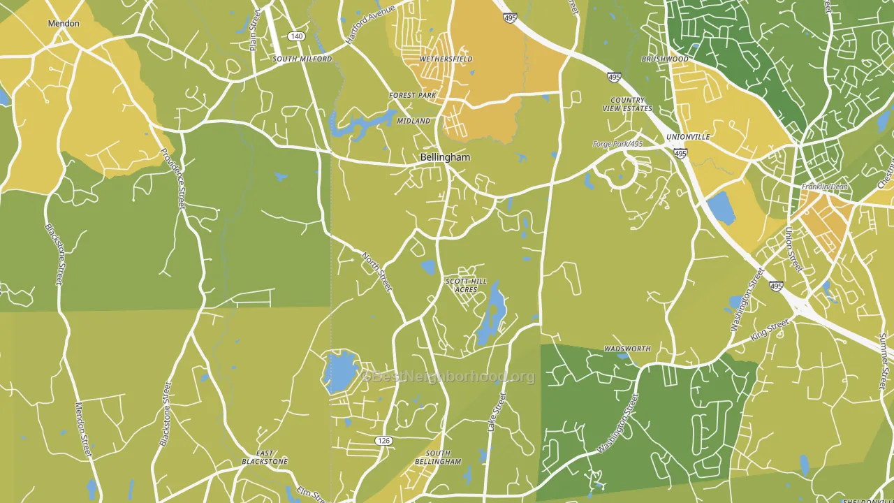 Map of the best neighborhoods in the Bellingham area, with better matches in green and worse matches in red