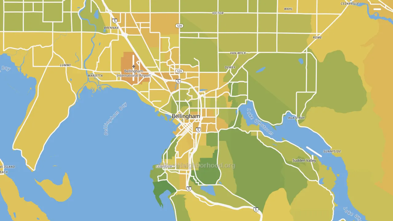Map of the best neighborhoods in the Bellingham Metro area, with better matches in green and worse matches in red
