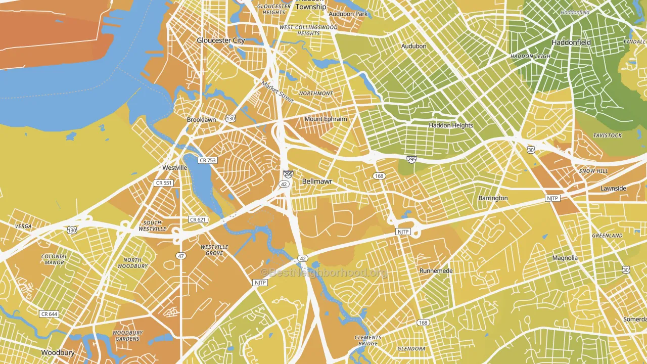 Map of the best neighborhoods in the Bellmawr area, with better matches in green and worse matches in red